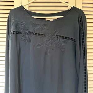 Loft Long Sleeve Navy Blue Blouse Embellished Front and Sleeves Size L